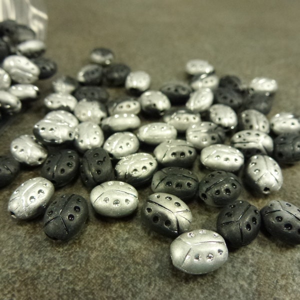 25pc Matte Jet/Silver Ladybug Beads, 8x6mm, Czech Pressed Glass