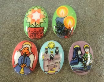 Vintage Christmas Cabochon Set West German Limoge Handpainted Glass 18x13mm 5 piece set - one of each shown - Angel, Wise Men, Mary, Candles