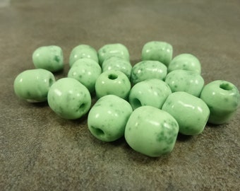 20pc Apple Green Speckled Vintage Czech Glass Barrel Bead, 12x11mm, Large Hole, Handmade, New Old Stock