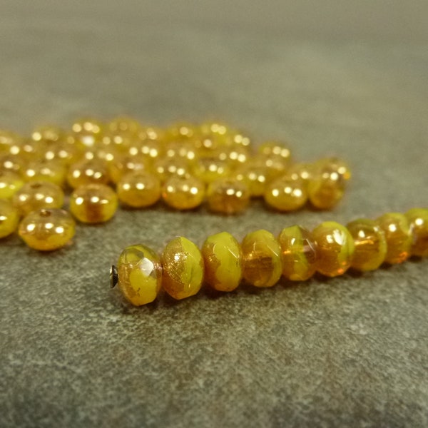 Golden Opal Bronze Luster Gem Cut Rondelle Czech Glass Firepolish Beads 5x3mm 50pc Faceted