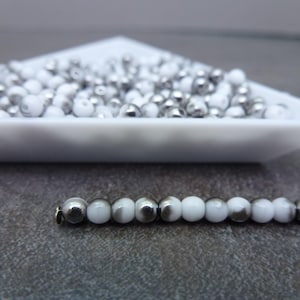 200pc White/Chrome 3mm Czech Glass Druk Smooth Round Beads