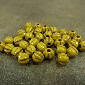 30pc Dark Mustard/Brown, Large Hole Czech Glass Melon Beads, 6mm, Pressed Glass, 1.6mm Hole