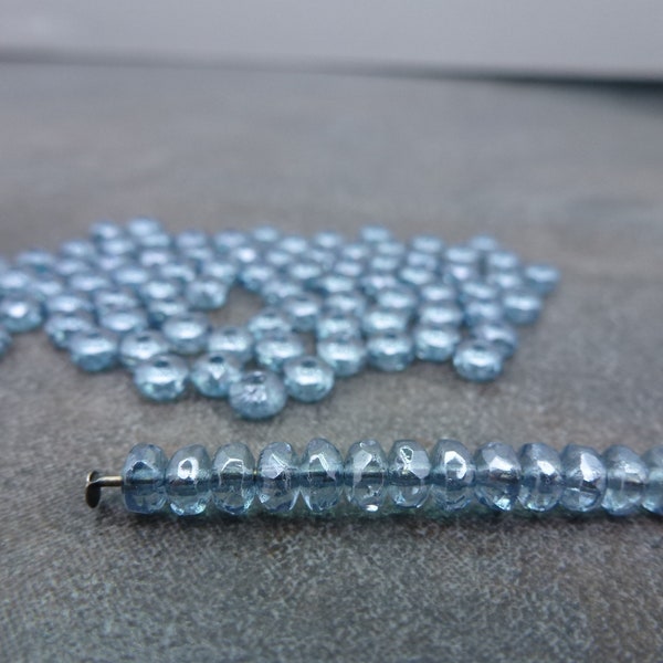 100pc Lumi Blue Luster Gem Cut Rondelle Beads, Czech Faceted Glass, Tiny 2x3mm, Firepolish