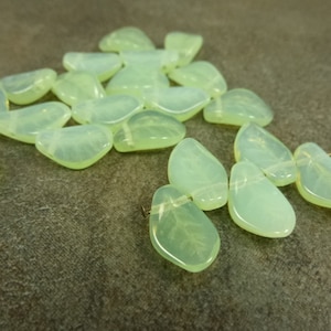 25pc Light Green Opal Leaf Beads, Czech Pressed Glass, 9x14mm, Wavy Leaves