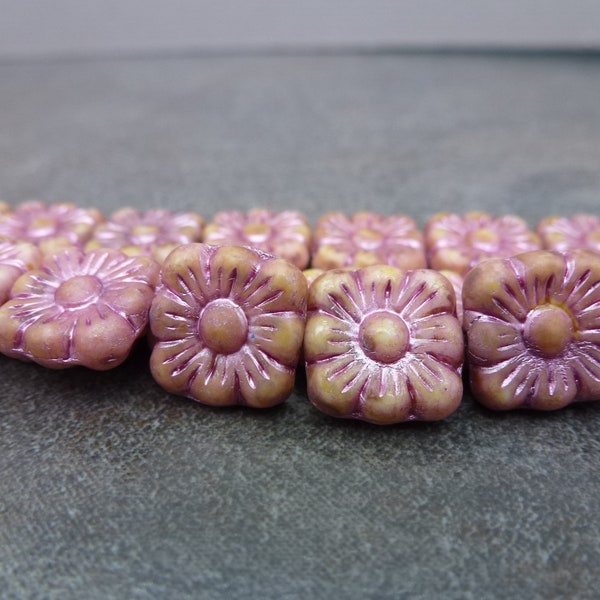 10pc Topaz/Metallic Pink Square Flower Beads, 11mm Czech Pressed Glass