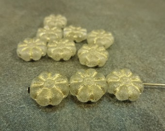 10pc Frosted Crystal/Gold Flower Bead, 12mm Czech Pressed Glass Coin, Flat Flower