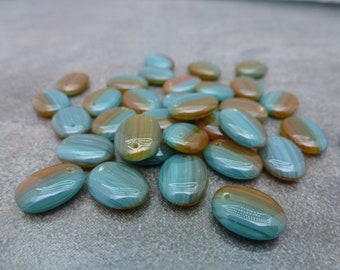 25pc Teal Green/Earthy Orange Blend Oval Lentil Drop Beads, 12x9mm Czech Pressed Glass