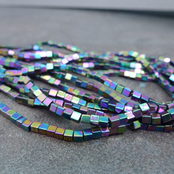 Rainbow Iris Hematite Beads, 2x2mm Cube, 15" Strand, Non-Magnetic, Vacuum-Coated