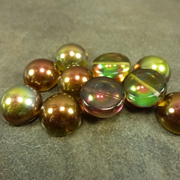 10pc Crystal Magic Green Dome Beads, 14x8mm Czech Pressed Glass, One Hole Cab