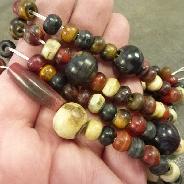 Assorted Horn Beads 8" Strand Cruelty-Free Water Buffalo Horn Round Rondelle Rice Hairpipe 8-26mm Red Natural Black