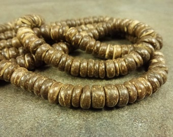 Natural Coco Wood Rondelle Beads, Dark Brown, Puka, 8mm, 28" Strand, Pucalet, Vintage New Old Stock