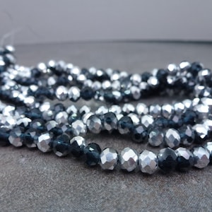 Midnight Blue/Silver Faceted Rondelle Beads, Sparkly Chinese Crystal 5x6mm, 15" Strand, Glass Beads