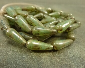 10pc Green Aqua Picasso Luster Teardrop Beads, 15x6mm Czech Pressed Glass, Dangle Drop