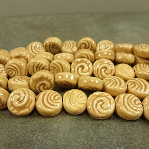 Sandy Taupe Glazed Ceramic Beads 13mm Swirl Coin 10&quot; Strand with 20 beads Larger Hole