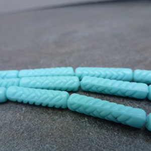 10pc Opaque Turquoise Czech Glass Beads, 18x4mm Skinny Tube, Cross Hatch, Pressed Glass