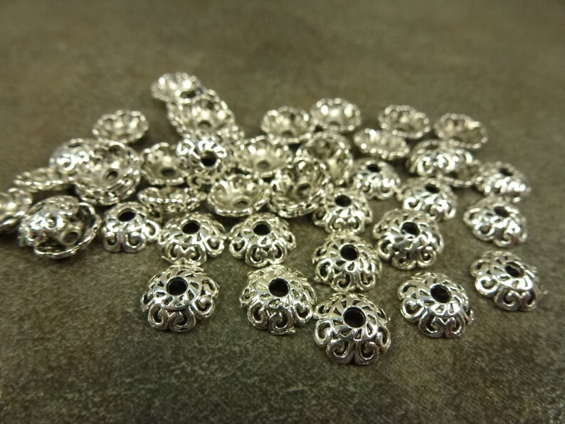 8mm Geo Petal Flower Bead Cap Antiqued Silver Tone 50pc Metal Alloy Finding