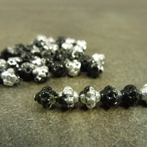 Jet/Silver, Czech Glass Turbine Beads, 6mm, 50pc, Pressed Glass Mulberry Saucer Rondelle