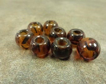 Brown Tortoise Smooth Roller Czech Glass Beads 9x12mm Large Hole, 8pc, Crow Pony Rondelle Donut Smooth