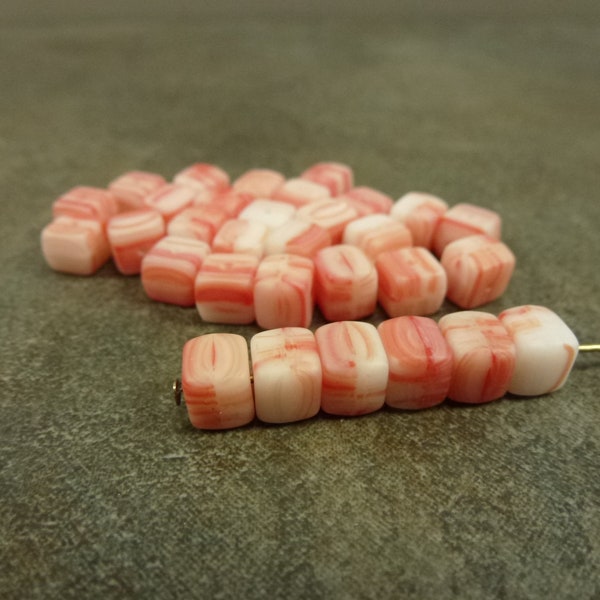 Matte Light Red/White Czech Glass Compressed Cube Beads 6x5mm 50pc Pressed Glass Frosted