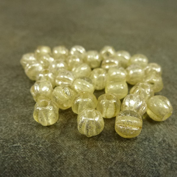 30pc Crystal Ivory Mercury Large Hole Czech Glass Melon Beads, 6mm, Pressed Glass 1.6mm Hole