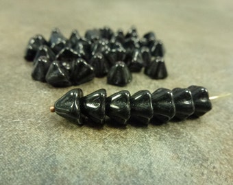 Jet Black Bell Flower Beads Czech Pressed Glass 6x8mm 25pc