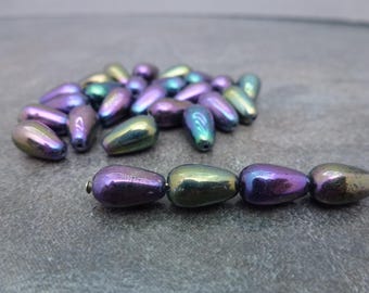 20pc Purple Iris Teardrop Beads, 10x6mm Czech Glass, Pressed Drop