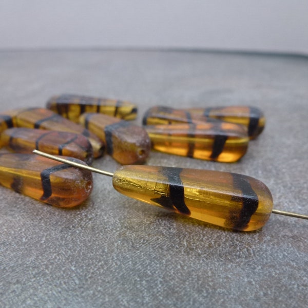 Brown Tortoise Square Teardrop Beads, 10pc, 27x10mm, Czech Pressed Glass Long 4-Sided Beads