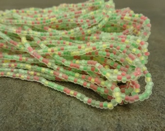 Frosted Spring Mix Czech Glass 10/0 Seed Beads 12-Strand Full Hank, Lined Green, Yellow, Red