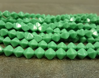 50pc Opaque Soft Fern Green Bicone Beads, 6mm Czech Glass Lucerna Bicone, Pressed Glass