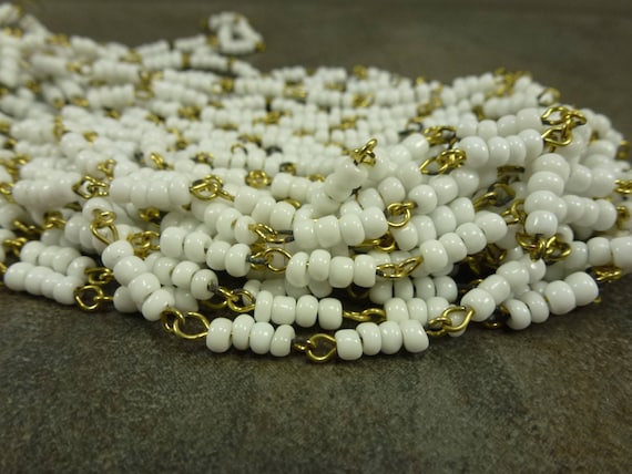 4 feet Vintage Japanese Beaded Chain White Heishi Brass Links Handmade 1960's