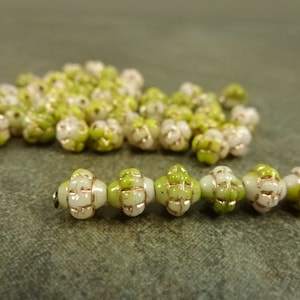 Alabaster/Chartreuse Blend with Copper Etch, Czech Glass Turbine Beads, 6mm, 50pc, Pressed Glass Mulberry Saucer Rondelle