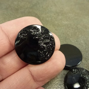 2pc Vintage West German Glass Jet Black/Raised Daisy Pattern Cabochon 22mm Round NO HOLES Flat Back