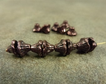 50pc Jet Dark Purple Bronze, Flower Cup Beads, 7x5mm Czech Pressed Glass, Bell Flower