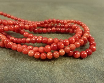 Red Bamboo Coral Beads, 4mm Smooth Round, 15" Strand