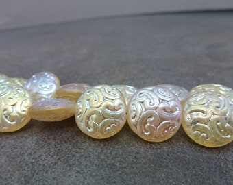 15pc Light Topaz Full AB Ornamental Coin Bead, 13mm Czech Pressed Glass, Engraved Swirl, Puffed