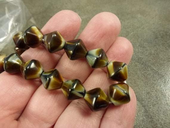 Vintage Czech Glass Beads Brown Cream Marbled Flat Bicone Tiger Eye 15mm 10