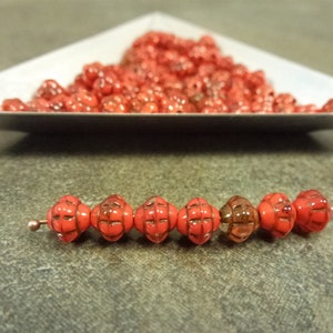 Orange-Red/Crystal/Etched Czech Glass Turbine Beads 6mm 50pc Etched Pressed Glass Mulberry Saucer Rondelle