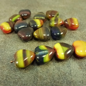 30pc Yellow/Dark Red Blend 12mm Heart Beads Czech Pressed Glass