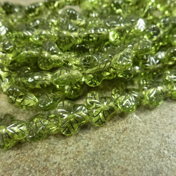 Olvine/Jet Inlay Berry Leaves Czech Glass 9mm 25pc Dual Coated Green