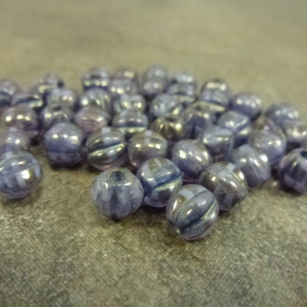 30pc Sapphire Stripe Bronze Luster Large Hole Czech Glass Melon Beads, 6mm, Pressed Glass 1.6mm Hole