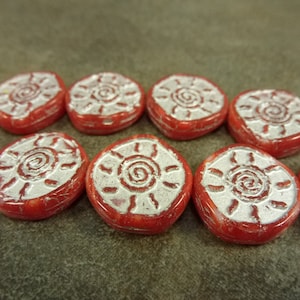 4pc Red/Silver Rustic Sun Beads, 16mm Irregular Coin, Czech Pressed Glass