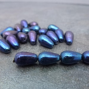 20pc Blue Iris Teardrop Beads, 10x6mm Czech Glass, Pressed Drop