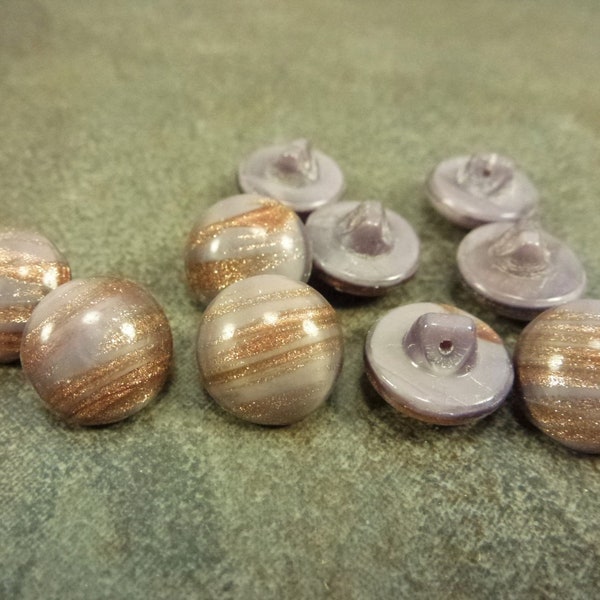 10pc Lavender/Copper Streak Vintage Glass Buttons, 11mm Round, West German Bracelet Closure Self Shank