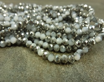 Milky Pale Blue/Chrome Beads, Chinese Crystal, 3x4mm, Faceted Rondelle, Full 15" Strand, Glass Beads