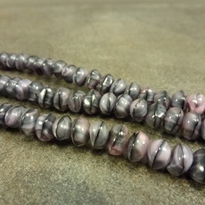 30pc Jet/Pink Swirl Pebble Beads, 5x7mm Czech Glass, Pressed Glass, Rondelle