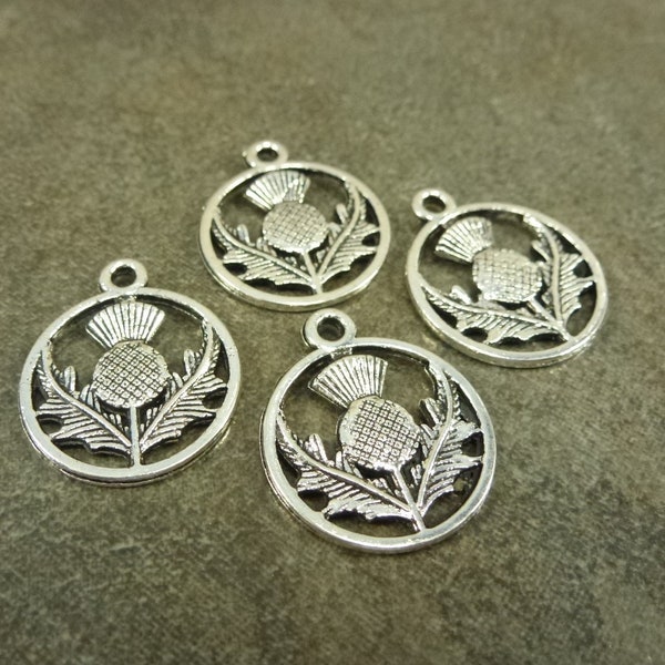 20pc. Scottish Thistle Charm 19mm Round Antiqued Silver Tone Alloy Metal Drop Pendant