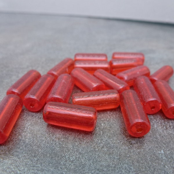 60pc Light Red Glass Beads, 15x6mm Tube, Cylinder, Budget Glass, Bulk Beads