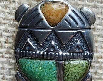 Vintage, Carolyn Pollack, Sterling turtle, crush turquoise and coral, can use as Pin also, 14" chain, 1.25 x 0.75 inches, good condition