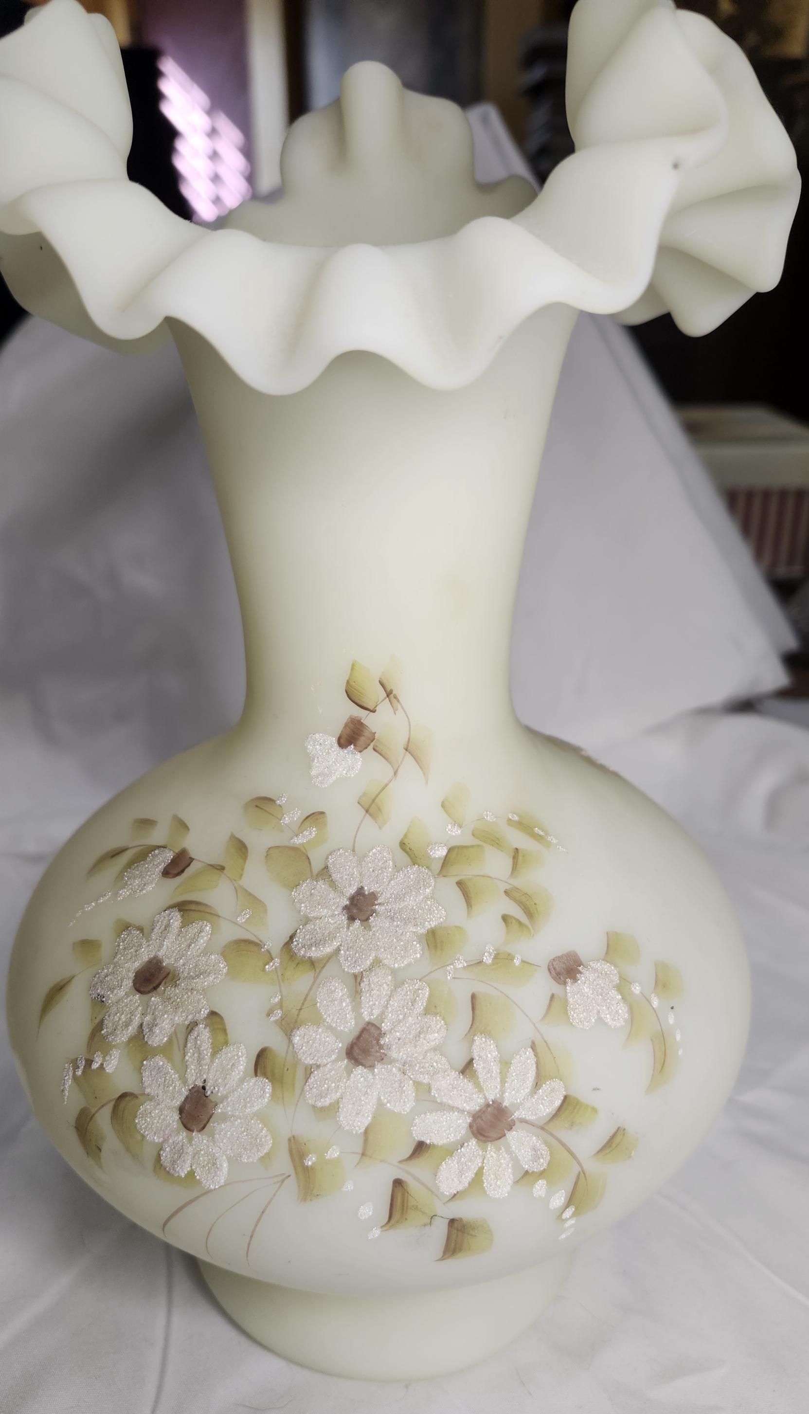 Vintage, Larger Fenton, Custard, Uranium Glass Vase, Hand Painted