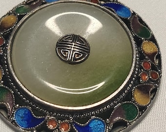 Vintage, Jade Cloisonne Pewter Pin 1.5 inches round, tested Nephrite
